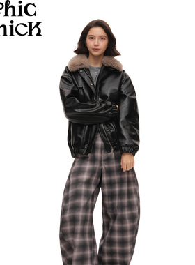 ChicChick时髦小鸡新品 博主风格灰色系格纹印花镰刀宽松牛仔长裤