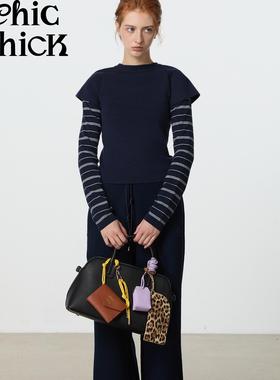 ChicChick时髦小鸡新品 藏蓝色温暖含羊毛假两件条纹长袖针织毛衣