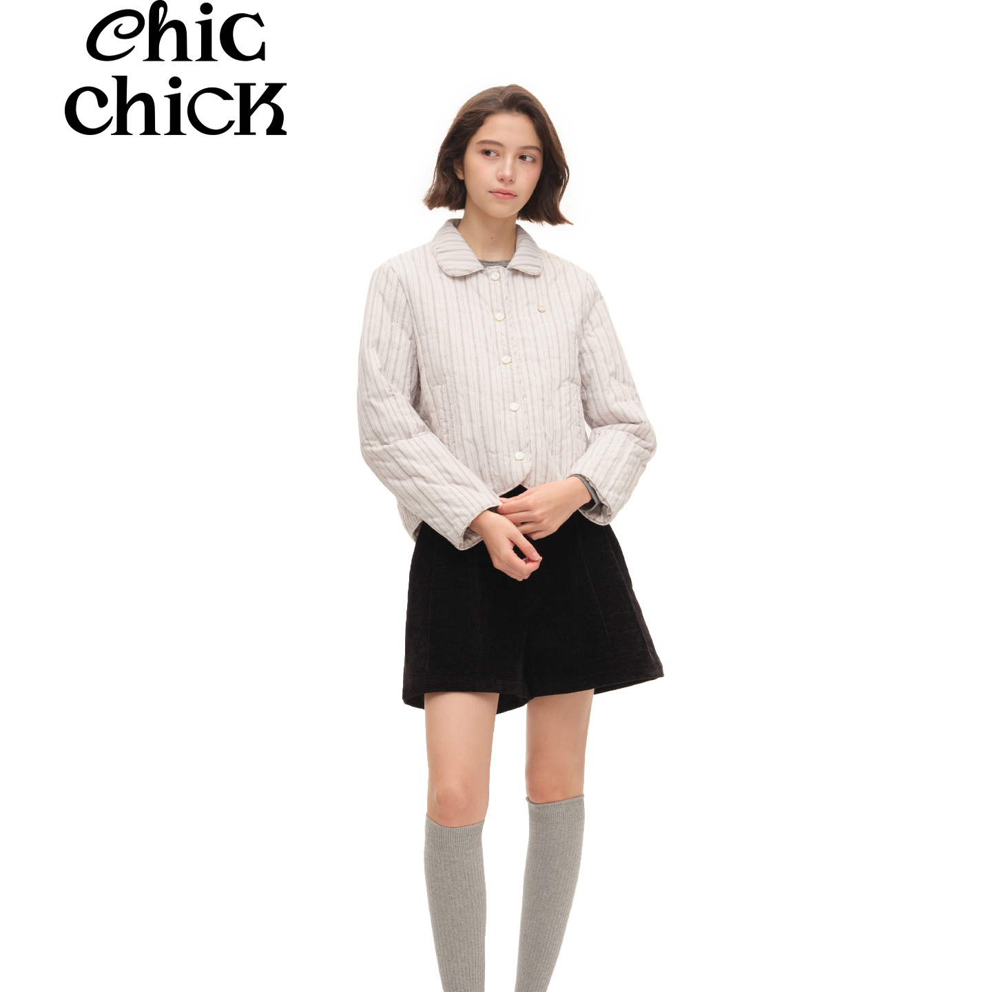 ChicChick时髦小鸡复古藤校风 灰白色系条纹轻薄保暖绗缝短款棉服