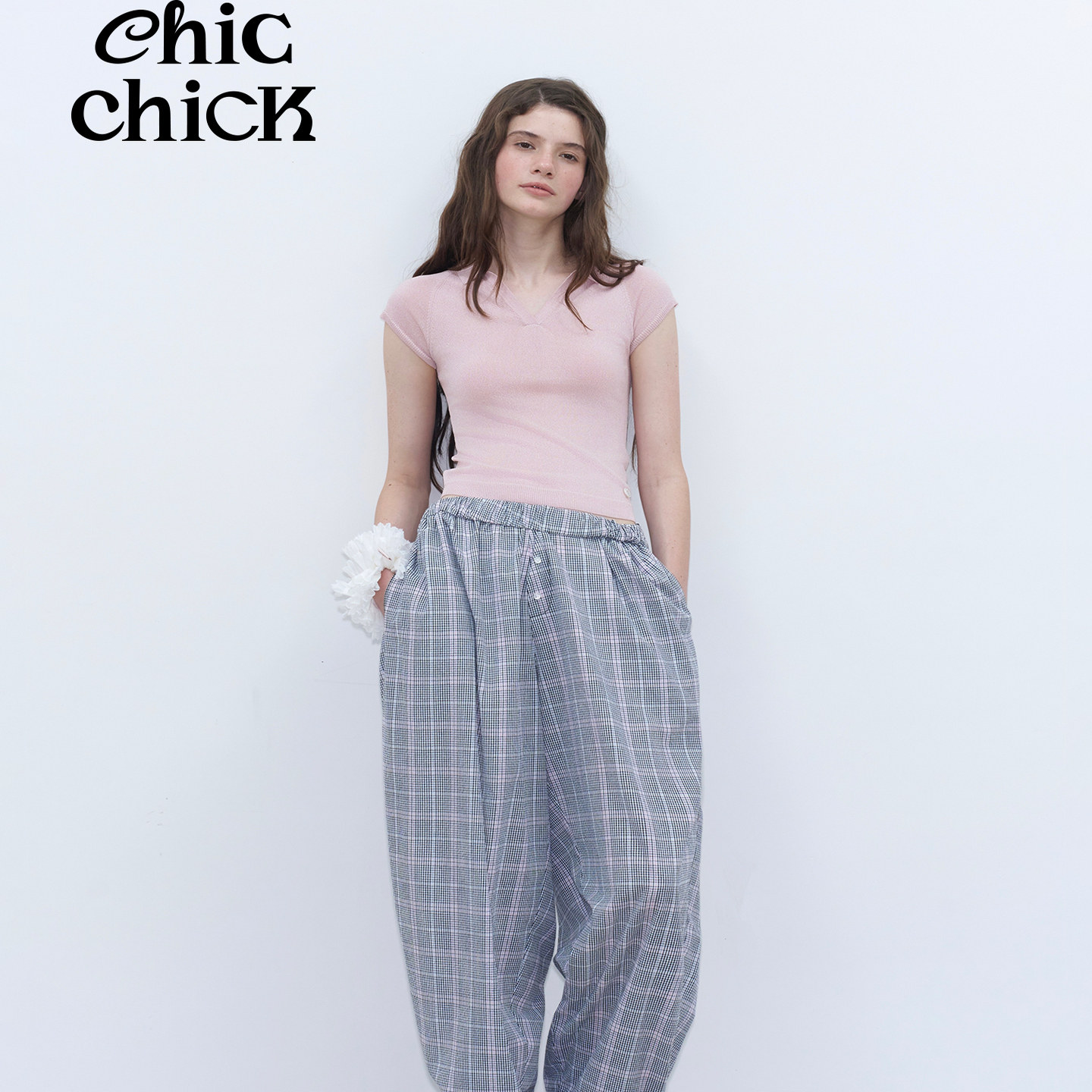 ChicChick时髦小鸡新品 松弛法式格纹泡泡棉翻折松紧气球宽松长裤