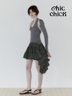 ChicChick时髦小鸡vol20军绿流浪风多层拖尾不规则拼接半身蛋糕裙