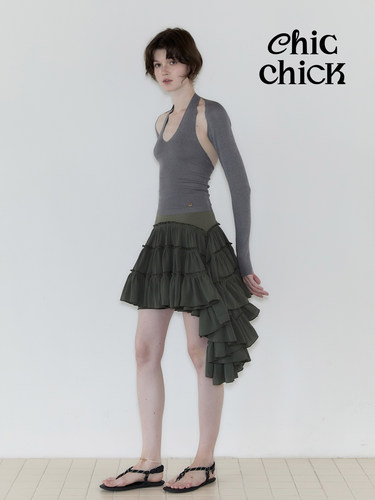 ChicChick军绿色百褶不规则半裙