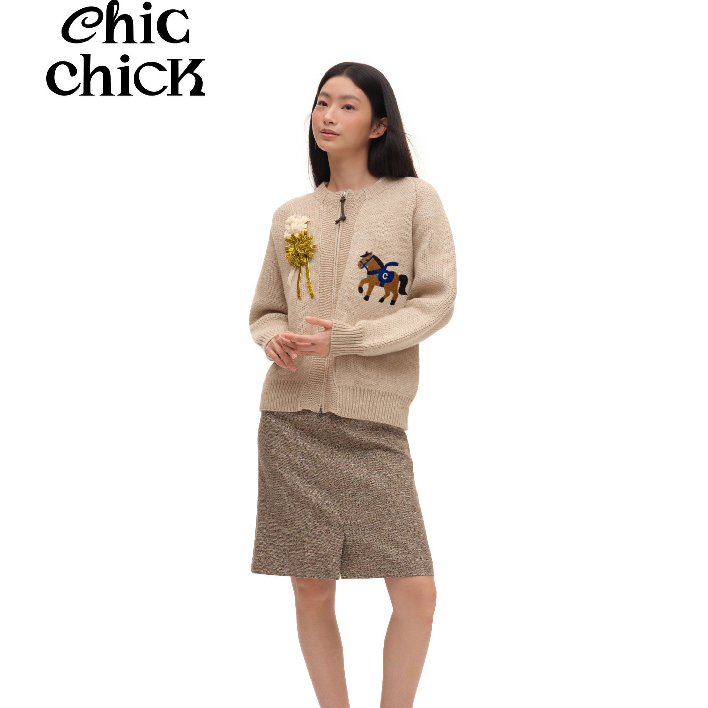 ChicChick时髦小鸡精致羊毛 饼干色小马刺绣复古新年圣诞毛衣外套