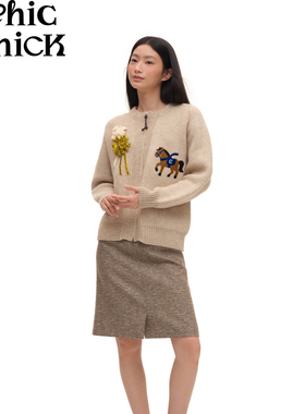 ChicChick时髦小鸡精致羊毛 饼干色小马刺绣复古新年圣诞毛衣外套