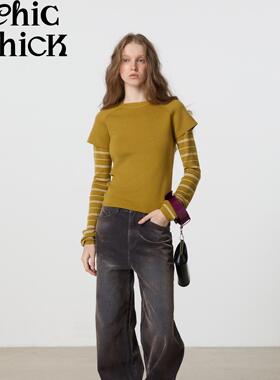 ChicChick时髦小鸡新品 芥末黄 温暖羊毛假两件条纹长袖针织毛衣