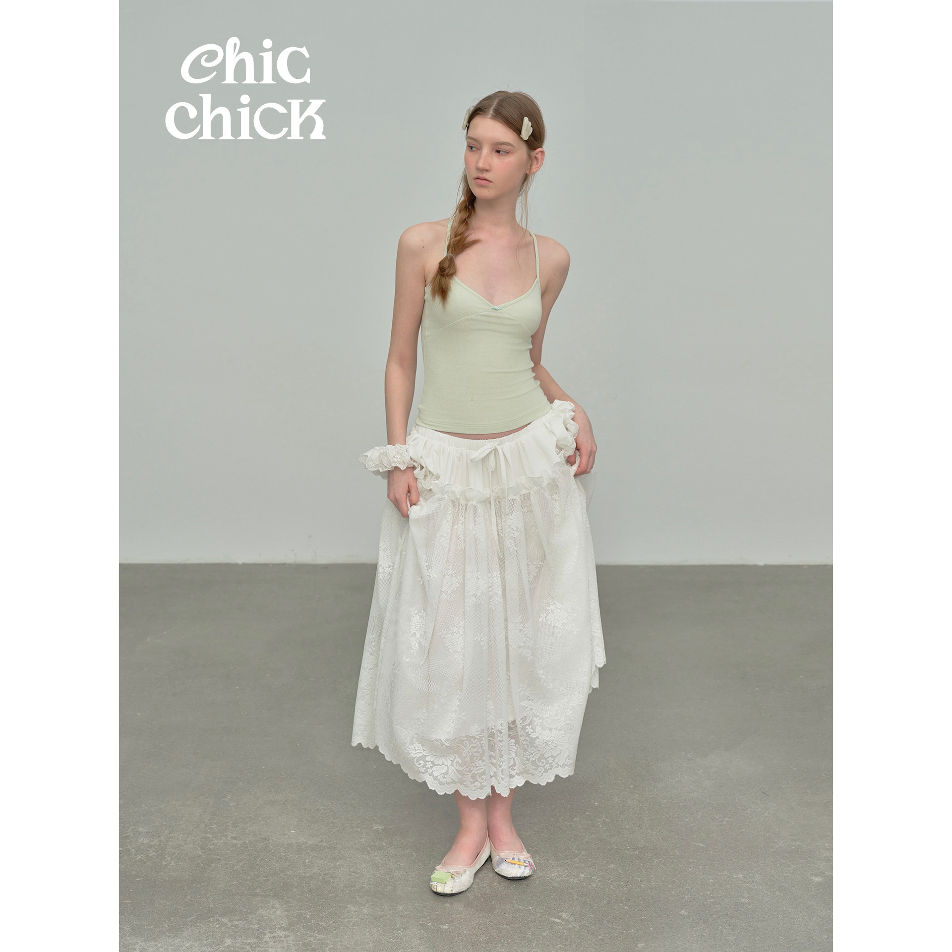 ChicChick时髦小鸡ballerina*经编花卉蕾丝花边拼接度假半身长裙