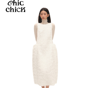 ChicChick时髦小鸡Lady Snow白色重工立体花朵新年派对礼服连衣裙