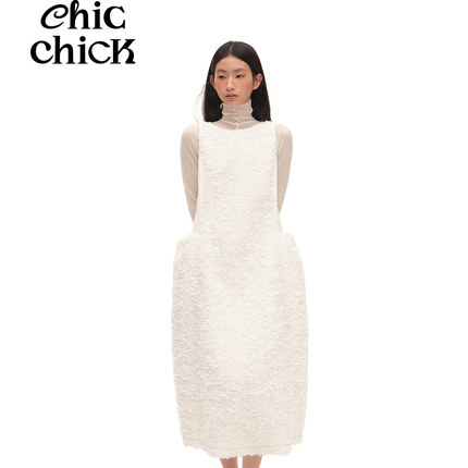 ChicChick时髦小鸡Lady Snow白色重工立体花朵新年派对礼服连衣裙