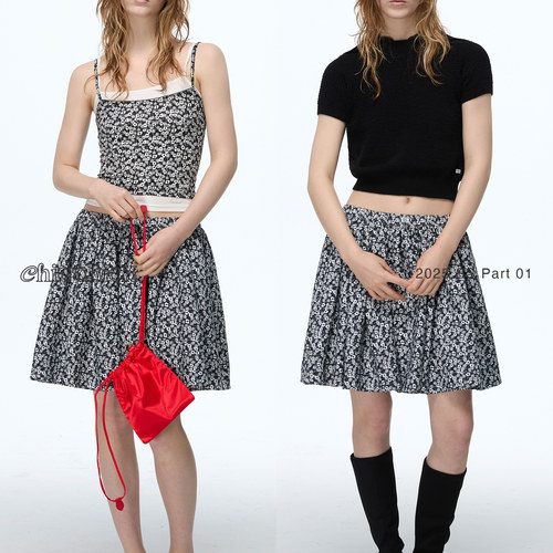 双面印花法式碎花A字半身蓬蓬裙