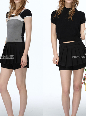 ChicChick时髦小鸡新品 时髦芭蕾风黑色斜纹百褶西装假两件短裙裤