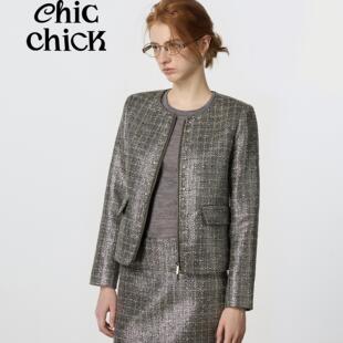 ChicChick时髦小鸡新品 烫银撞钉格纹粗花呢小香风半裙 绿野仙踪