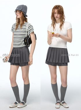 ChicChick时髦小鸡新品 时髦芭蕾风灰色斜纹百褶西装假两件短裙裤