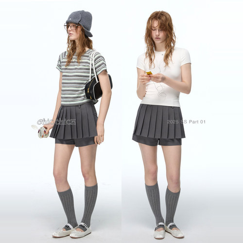 芭蕾风斜纹百褶西装假两件短裙裤