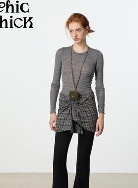 ChicChick时髦小鸡新品 街头感 撞色格纹半裙装饰高弹紧身喇叭裤