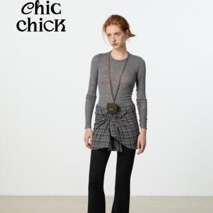 ChicChick时髦小鸡新品 撞色格纹半裙装 饰高弹紧身喇叭裤 街头感