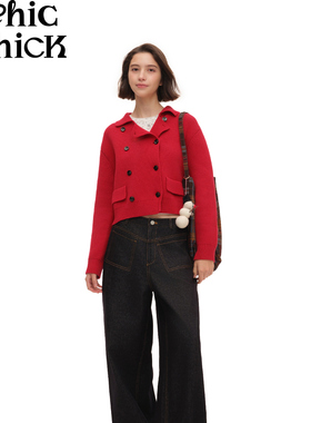 ChicChick时髦小鸡 苹果红 节日氛围双排扣纯棉纱线毛织开衫外套