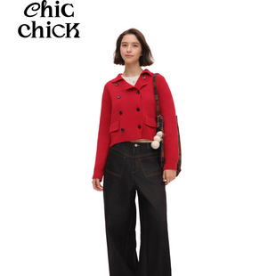 外套 节日氛围双排扣纯棉纱线毛织开衫 ChicChick时髦小鸡 苹果红