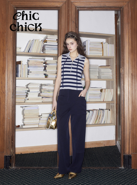 ChicChick时髦小鸡vol19皇家蓝设计感工装口袋宽松直筒休闲西装裤