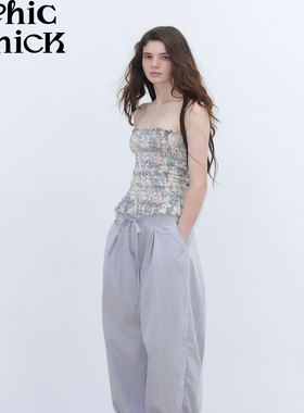 ChicChick时髦小鸡新品 轻松神裤灰调淡紫色抽绳造型剪裁休闲长裤