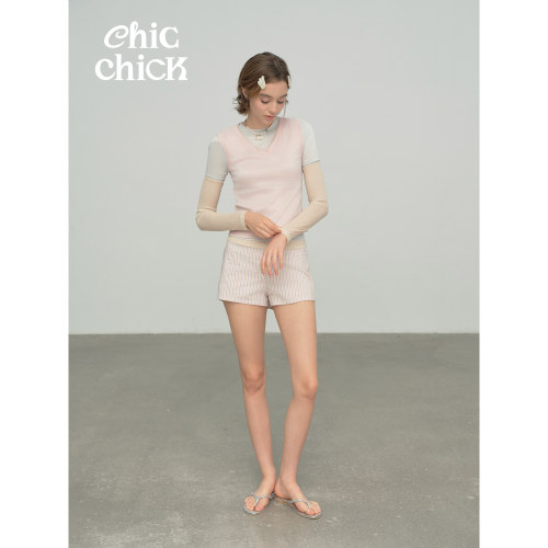 ChicChick时髦小鸡 Alice*粉撞色叠穿光感透视背心短袖长袖三件套
