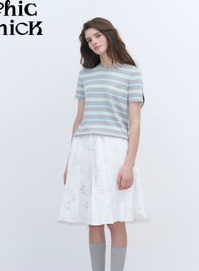 ChicChick时髦小鸡新品  趣味撞色卡其绿针织条纹亲肤短袖T恤上衣