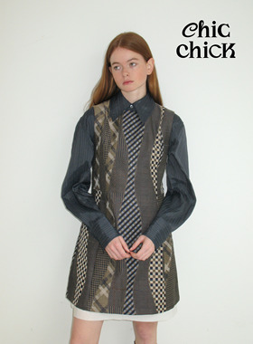 ChicChick时髦小鸡vol18剪贴游戏复古格纹天丝拼接提花茶歇连衣裙