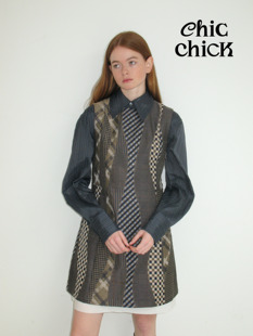 ChicChick时髦小鸡vol18剪贴游戏复古格纹天丝拼接提花茶歇连衣裙