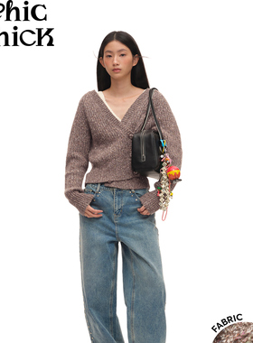 ChicChick时髦小鸡 意大利驼色浣熊绒含羊毛精纺亮片斜肩毛衣开衫