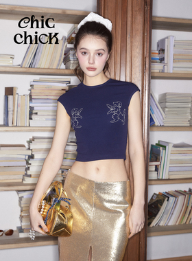 ChicChick时髦小鸡vol19黄金猎犬复古纹章刺绣藏蓝小飞袖短款T恤