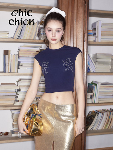 复古纹章刺绣小飞袖短款T恤