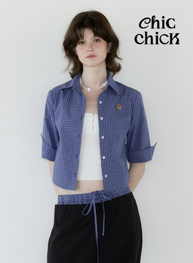 ChicChick时髦小鸡vol20经典蓝白格纹正肩收腰七分袖夏季短款衬衫