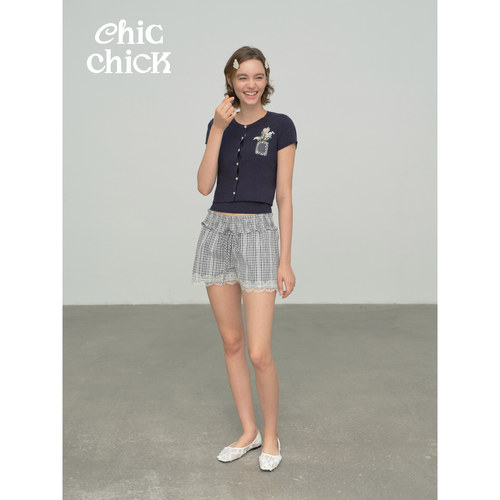 ChicChick时髦小鸡新品 黑白格纹法式复古度假风蕾丝拼接宽松短裤