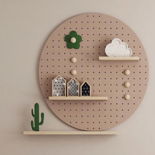 大木木家居木质北欧圆形洞洞板莫兰蒂色收纳架创意墙上置物架