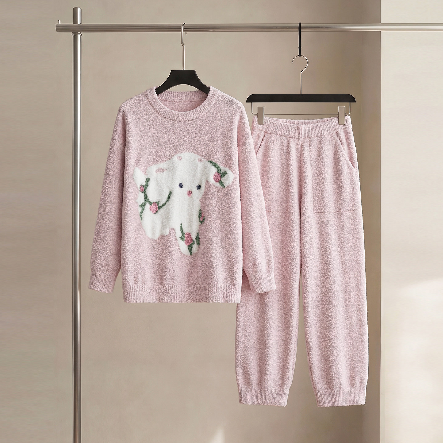 思莉女款睡衣冬半边绒粉色家居服