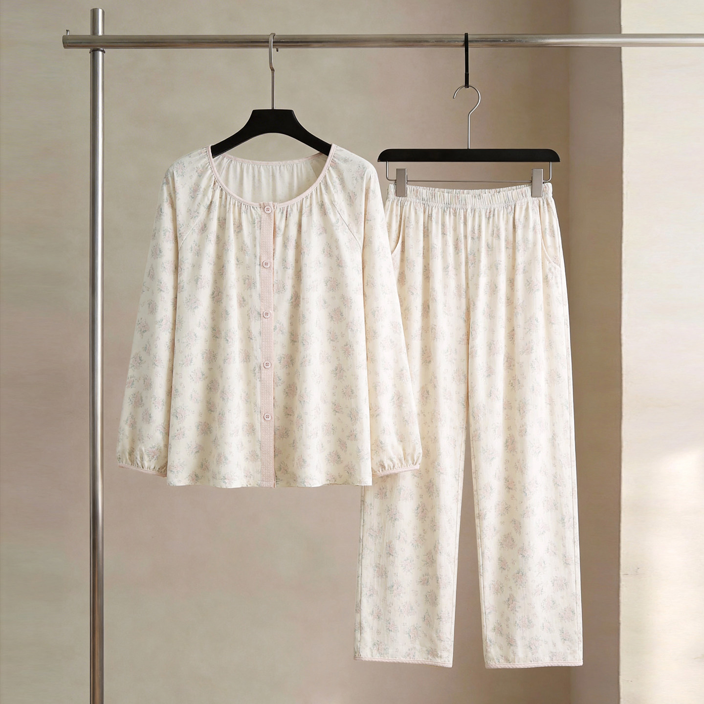 SLEEPTIGHT睡衣春秋女款莫代尔可爱小个子甜美粉色碎花圆领家居服