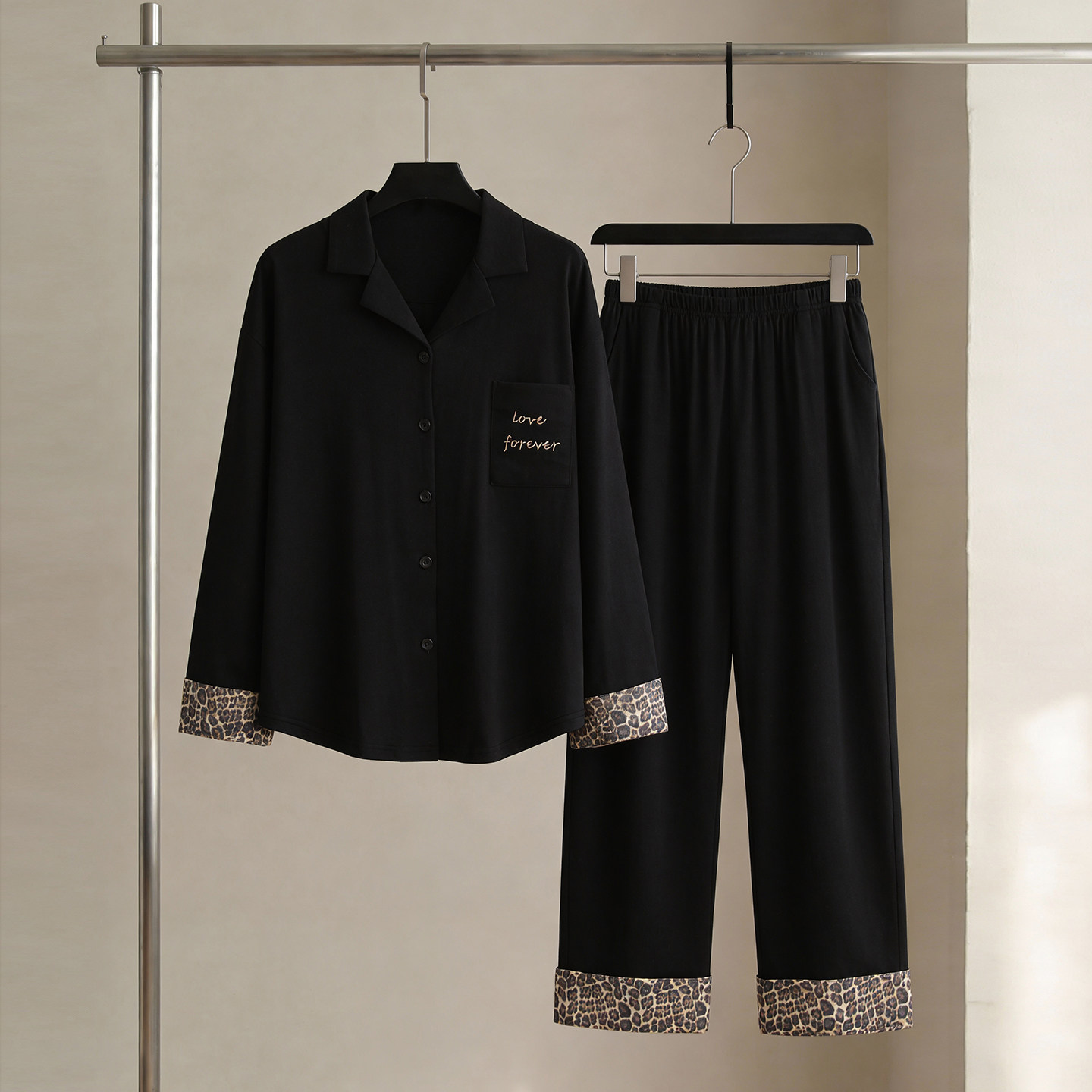 SLEEPTIGHT情侣睡衣春季女款纯棉长袖轻奢高级感豹纹黑色男家居服