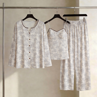 SLEEPTIGHT莫代尔带胸垫睡衣女款春夏吊带长袖碎花复古风三件套装