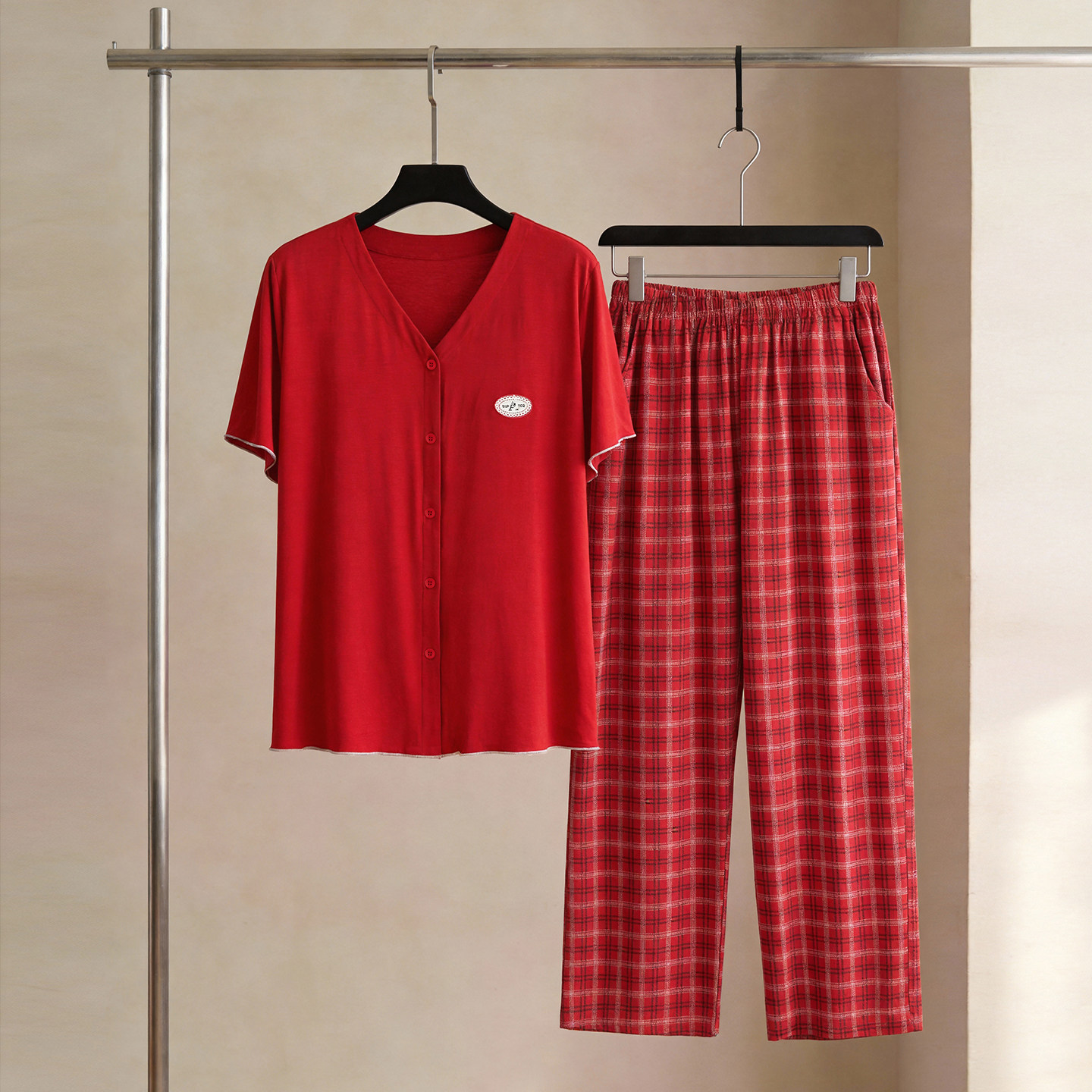 SLEEPTIGHT带胸垫睡衣女款2026新款短袖长裤夏天莫代尔红色家居服