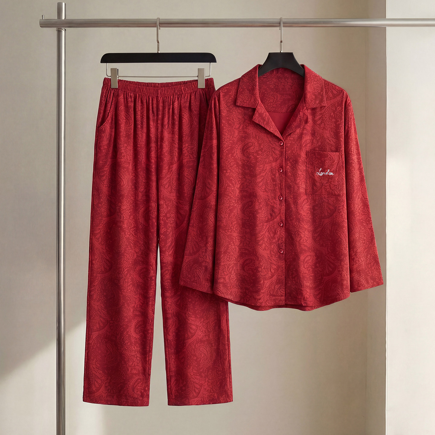 SLEEPTIGHT莫代尔情侣睡衣女款轻奢高级感红色印花男结婚新婚套装