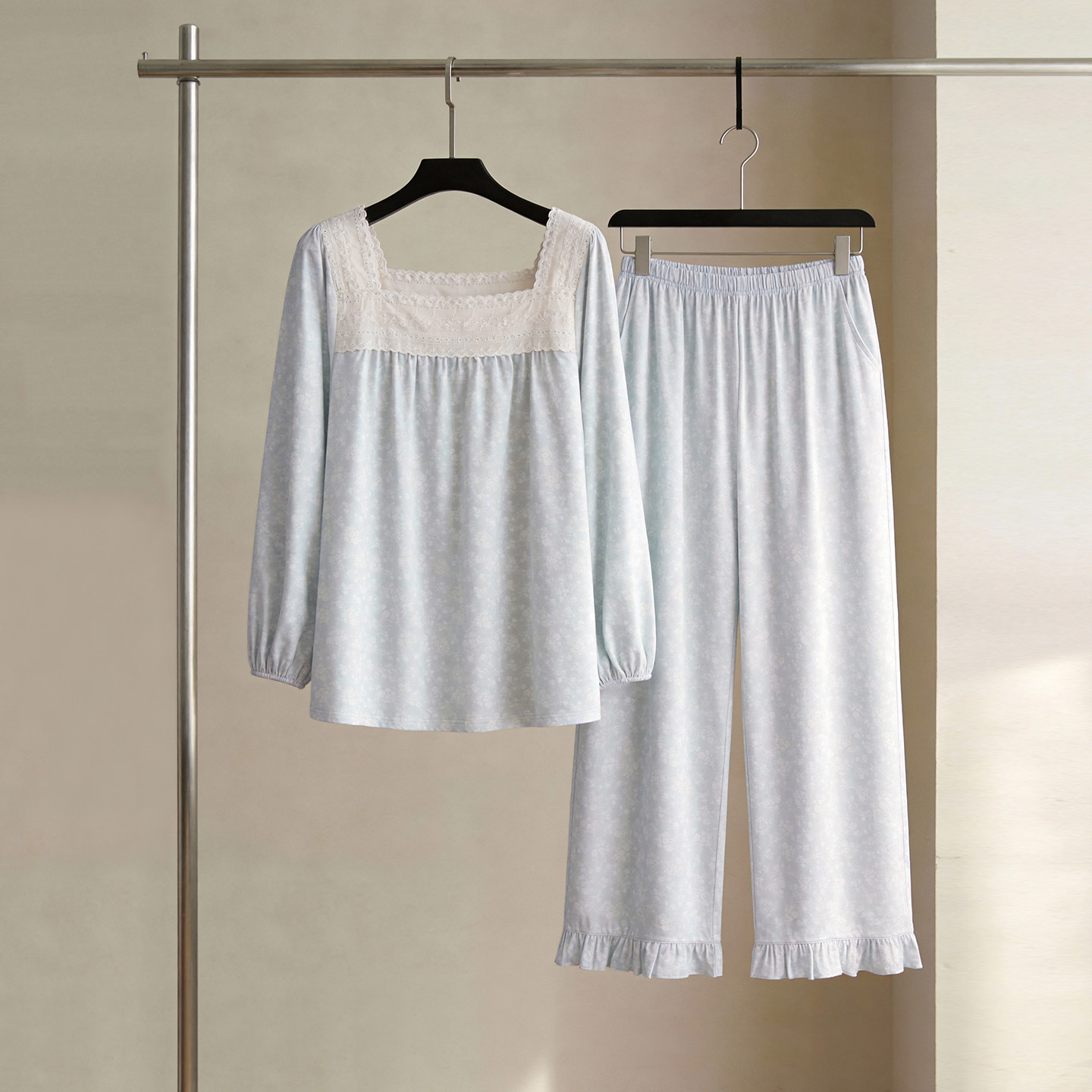 SLEEPTIGHT莫代尔睡衣女款2026新款春秋方领甜美精致风蓝色家居服