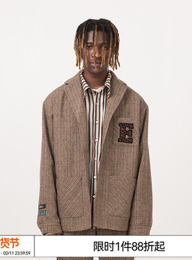 林墨 EMPTYREFERENCE咖色格纹刺绣复古西装外套情侣宽松休闲西服