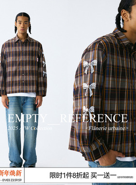 EMPTY REFERENCE色织格纹宽袖口蝴蝶结印花休闲衬衣翻领长袖衬衫