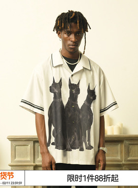 张鑫 谷爱凌 鹭卓 EMPTY REFERENCE杜宾犬印花古巴领衬衣短袖衬衫