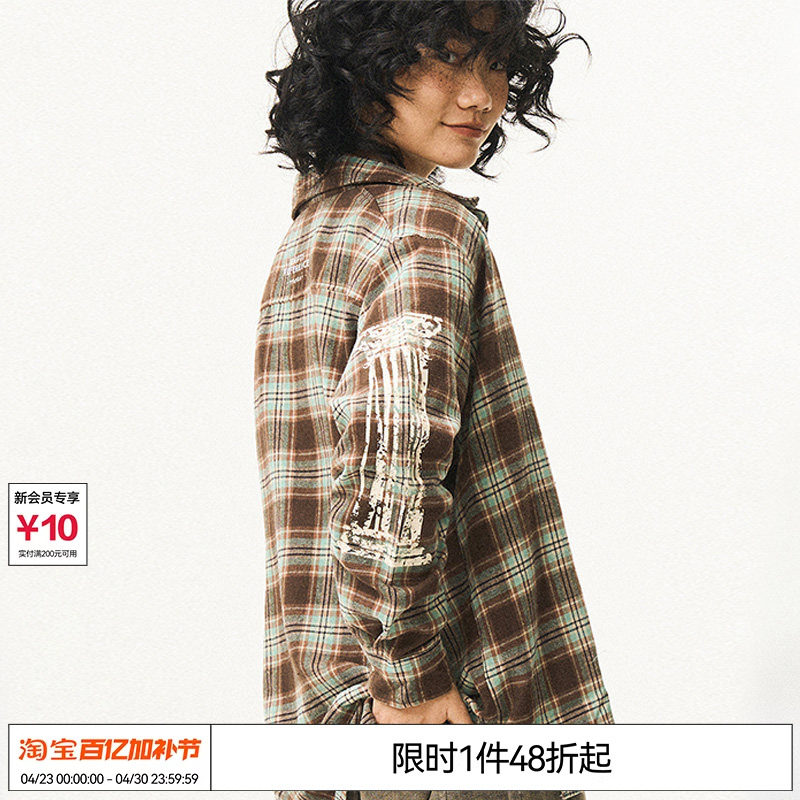 特惠6折起EMPTY REFERENCE原创袖子罗马柱印花长袖衬衫格子衬衣