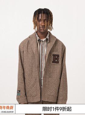 林墨 EMPTYREFERENCE咖色格纹刺绣复古西装外套情侣宽松休闲西服