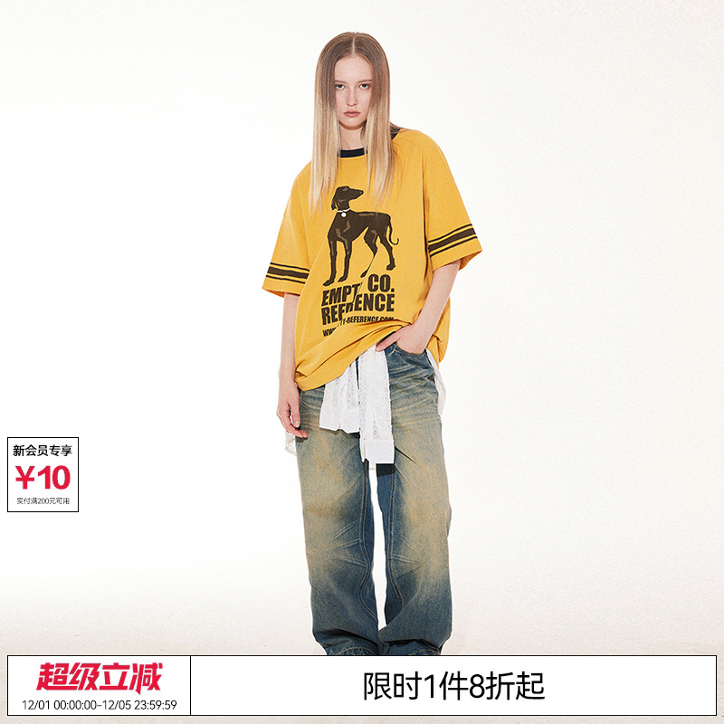 黄朔 EMPTY REFERENCE 美式复古原创手绘灵缇字母印花圆领短袖T恤