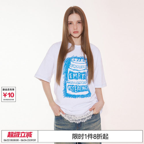 EMPTY REFERENCE 慵懒复古手绘白色印花柔软亲肤宽松圆领短袖T恤