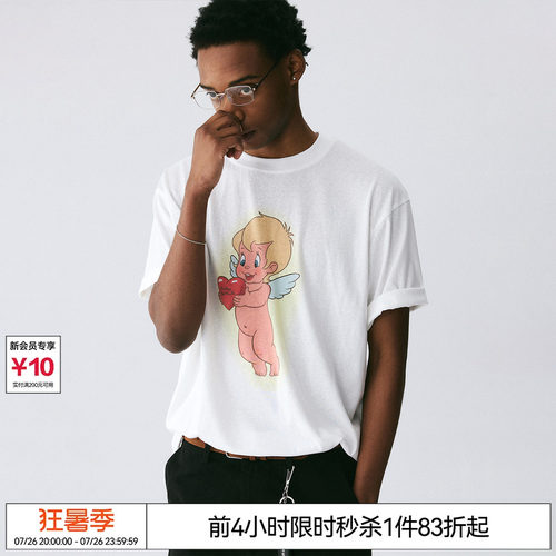 EMPTY REFERENCE白色雪花肌理手绘卡通天使印花打底衫凉感短袖T恤