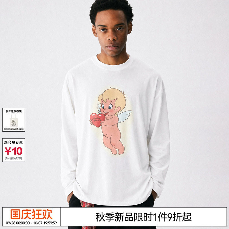 EMPTY REFERENCE纯棉手绘爱心天使印花上衣打底衫休闲长袖T恤男女图片