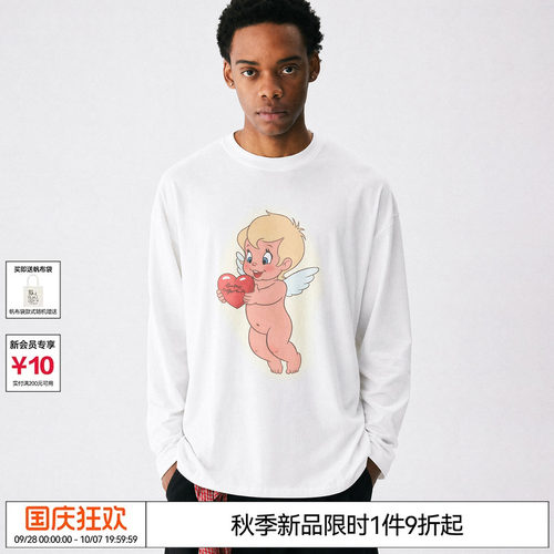 EMPTY REFERENCE纯棉手绘爱心天使印花上衣打底衫休闲长袖T恤男女